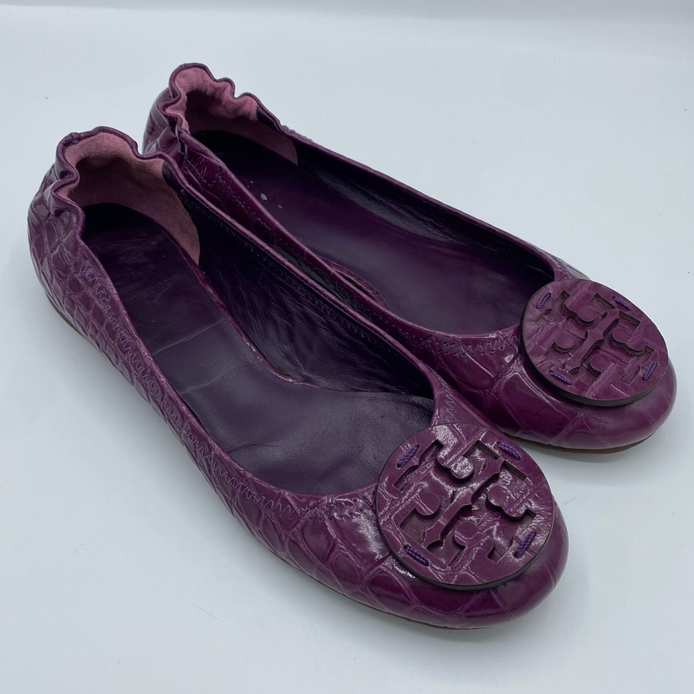 Tory Burch Purple Croc-Embossed Leather Logo Ballet Flats
